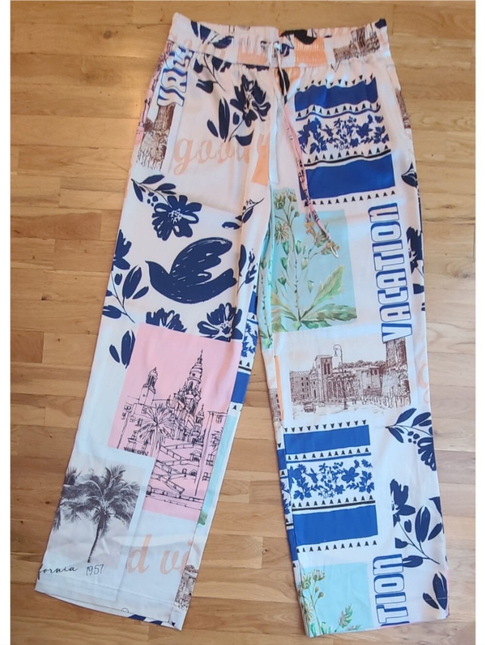 Joie Vacation Postcard Print Euro Summer Wide Leg Pant Medium Resortwear Coastal